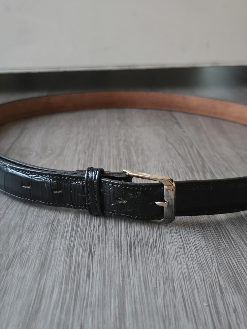 Vintage Croc Embossed Black Top Grain Leather Belt Men's 40 Gold Buckle USA Made